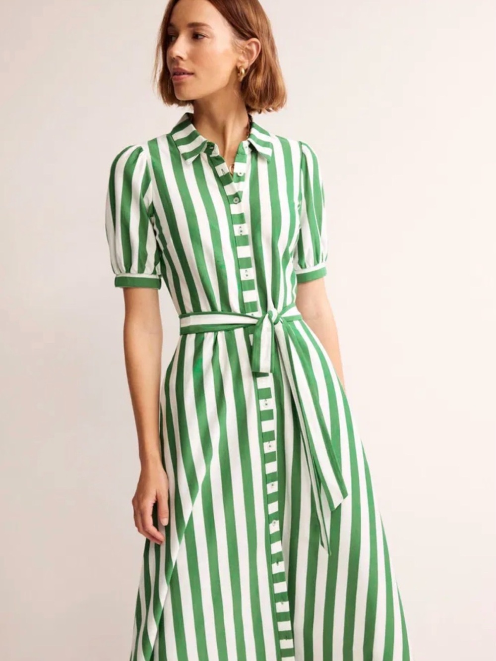 Boden Libby Green and White Striped Jersey Midi Shirt Dress with Tie Belt